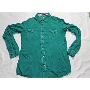 Wrangler Rock 47 Western Shirt Women Medium Green Rhinestone Snaps Rodeo Cowgirl